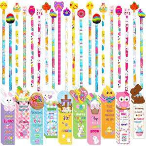 90Pcs Easter Bookmarks and Pencils with Cute Pencil Erasers Set Fun Bulk Party Supplies for Easter Rewards Basket Stuffers Gifts