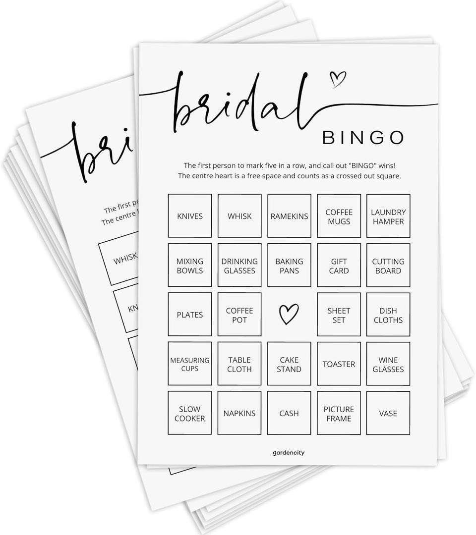 Bridal Shower Gift Bingo, Bridal Shower Games for 50 Guests, Prefilled with Perforated Calling Card, Minimalist