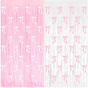 4 Pack Pink Bow Party Backdrop Decoration Pink Bow Foil Fringe Curtains for Girls Bow Birthday Baby Shower Decorations Bridal Shower Bachelorette Party Decor Supplies 3.2ft X 8.2ft