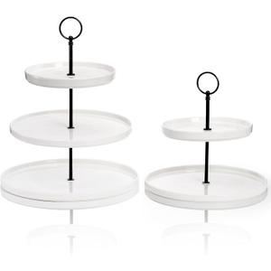 Tosnail Set of 2 White Porcelain Cupcake Stand, Tiered Serving Trays with Black Rod, 3 and 2 Tiers Dessert Cake Stand, Party Serving Trays Fruit Pastry Holders for Party, Anti-Falling Edge