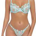 Lingerie Sexy Bra and Panty Set for Women See Through Sheer Underwear Cute Exotic Floral Embroidery Babydoll Set, Large