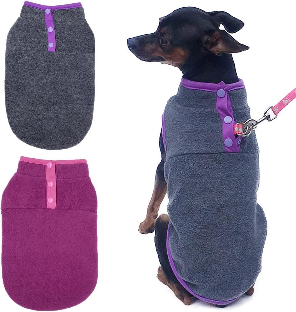 2 Pack Dog Sweater, Warm Puppy Pullover, Autumn Winter Coat, Stretch Fleece Apparel with Buttons for Small Medium Dogs Cats (X-Large) (Fuchsia+Gray)