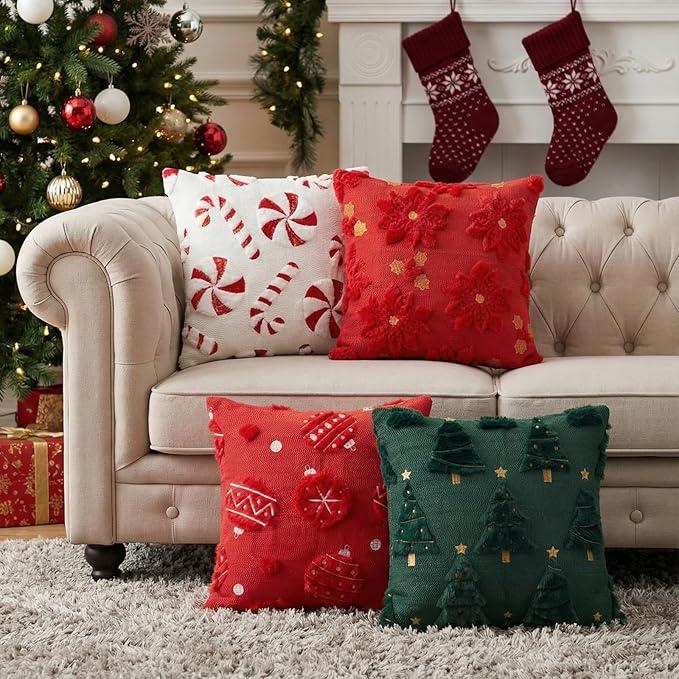 Tiamon 4 Pcs Christmas Throw Pillow Covers 18 x 18 Inch 3D Embroidered Plush Green Red Pillow Cases Christmas Tree Poinsettia Fluffy Faux Fur Cushion Covers for Sofa Couch Winter Holiday Party Decor