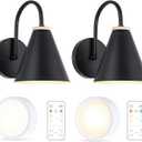 Battery Operated Black Faux-Wood Industrial Wall Sconce Set of Two, Easy to Install Not Wires, Remote Control Dimmable LED Light Bulb, Dimmable Wall Lamp Fixtures for Indoor Bedroom Farmhouse Gallery
