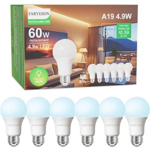 Ultra Efficient 60 Watt Light Bulbs Daylight White, A19 LED E26 Frosted Bulb 5000K 750 Lumens, 30000 Hrs Lifetime, Energy-Efficient 4.9W=60W, Low Heat, Flicker-Free, Non-Dimmable, 6 Pack