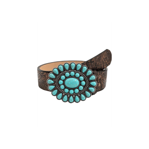 GORGLITTER Women's Western Leather Belt Vintage Turquoise Buckle Waist Belt for Dress