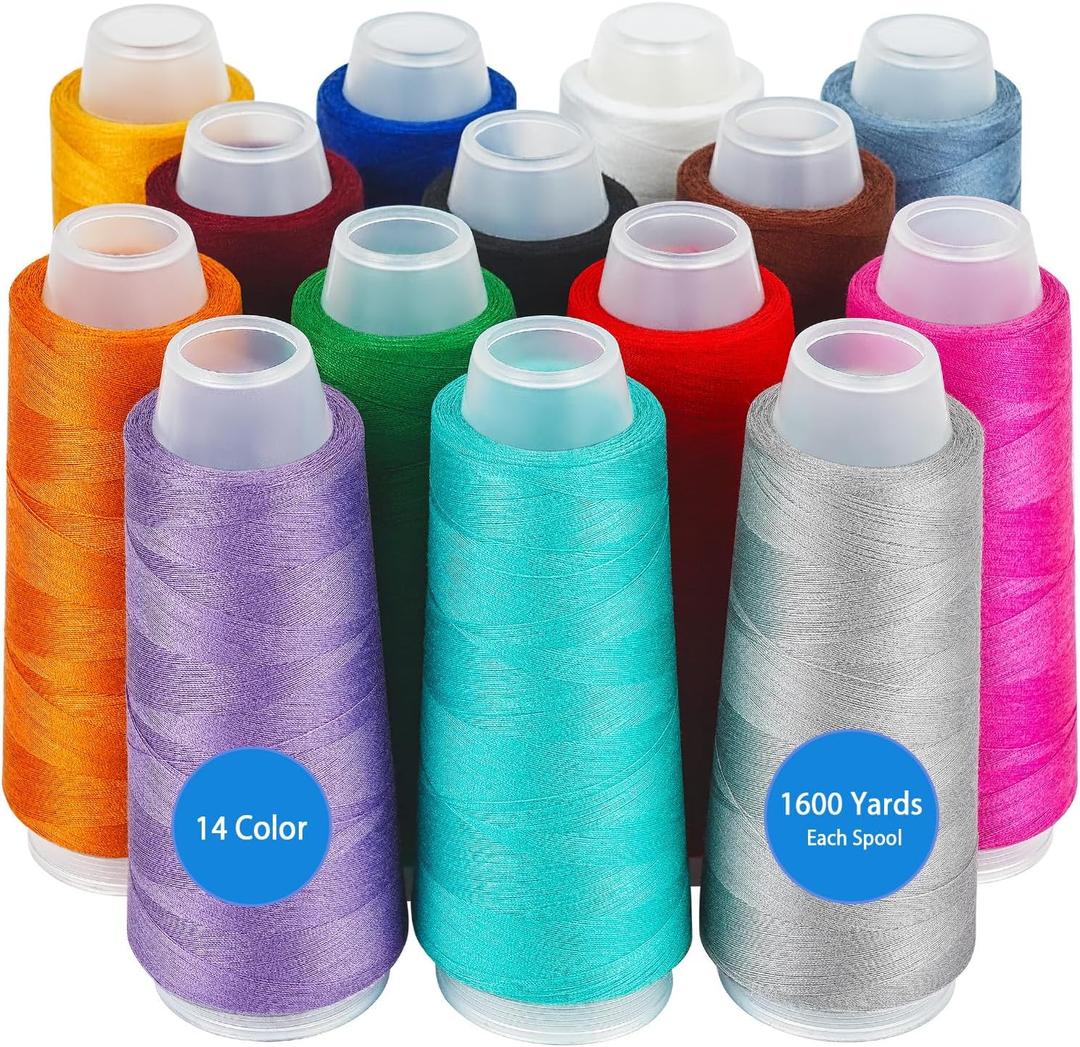 14 Pack Serger Thread Cones, Assorted Colors Polyester Thread, 40S/2-1600 Yards Overlock Sewing Thread for Sewing,Quilting,Serger Machines,Over Lock Thread,Piecing, Merrow & Hand Embroidery. (Medium)