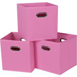 Black Fabric Cubby Storage Bins,13x13x13 Inches ,Cube Organizer Bin Foldable Storage Boxes with Dual Handles Fabric Organizer Box and collapsible Storage basket,Set of 3 ,Pink