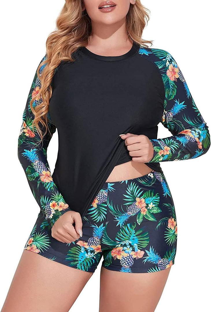 Daci Women Plus Size 2 Piece Long Sleeve Rash Guard Swimsuit Swim Shirts Top UPF 50+ with Boy Short Swimwear (12 Plus, Pineapple)