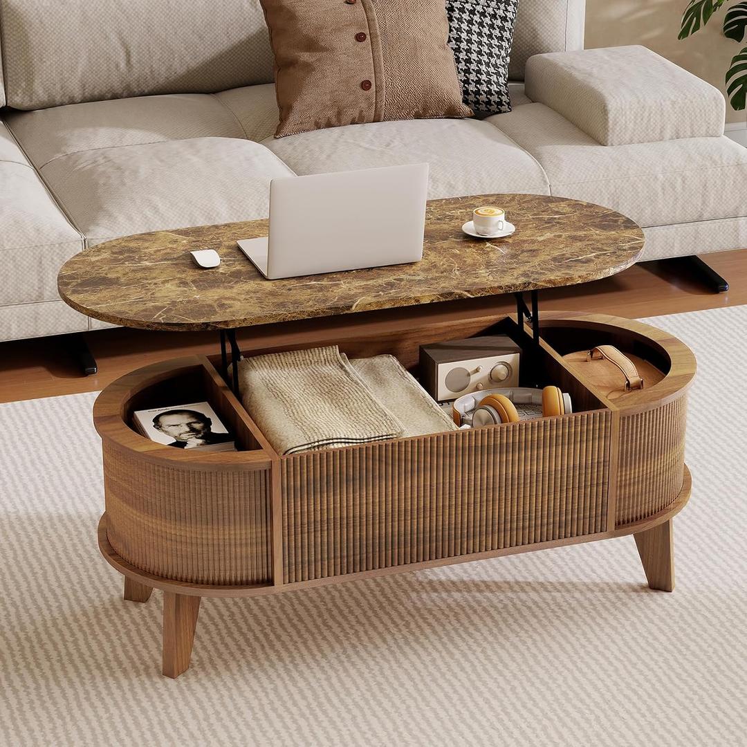 LYNCOHOME 43.3" Fluted Lift Top Coffee Table with Storage, Faux Marble Top Center Table, Modern Oval Coffee Table for Living Room or Home Office（Elegant Walnut）, 43.3" x 19" x 17"