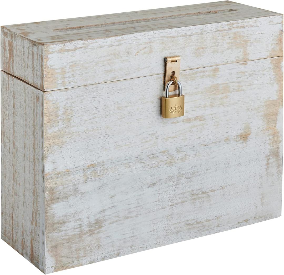 Wedding Card Box with Card Slit and Lock 12"X10"X4.5"- Gift Wishing Well Card Box for Weddings, Receptions, Birthdays, Graduations, Baby Showers, Honeymoon Funds (White)