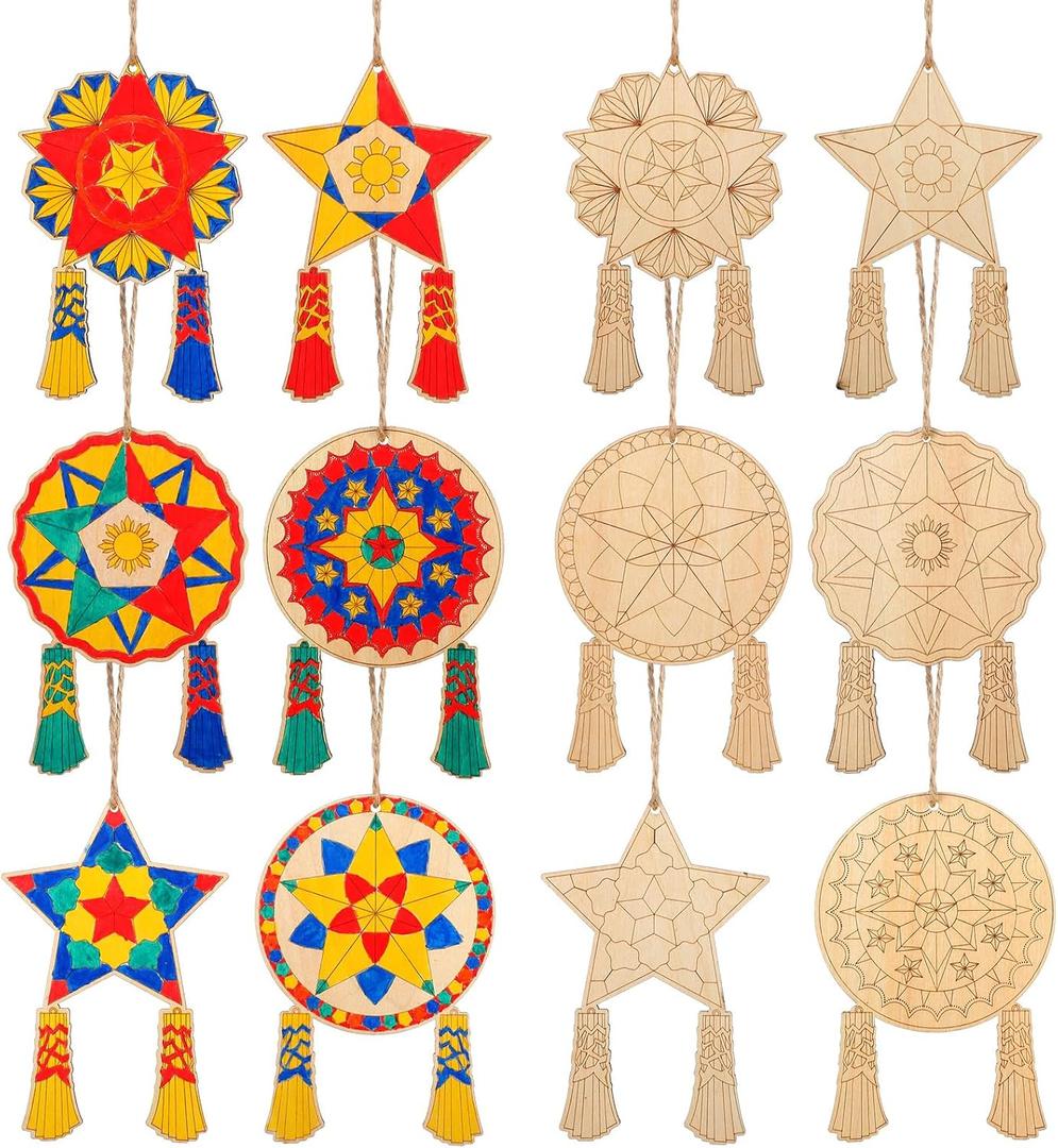 12 Pcs Philippine Christmas Tree Parol Craft Kit Color Your Own Wooden Filipino Christmas Ornaments Paint Crafts Kit Traditional Capiz Star Decorations