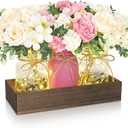 BLEUM CADE Centerpiece Table Decorations - Mason Jar Lights Centerpiece for Kitchen Dining Table Farmhouse Coffee Table Wedding Home Decor with 3 Jars Roses Artificial Flowers & Wood Tray