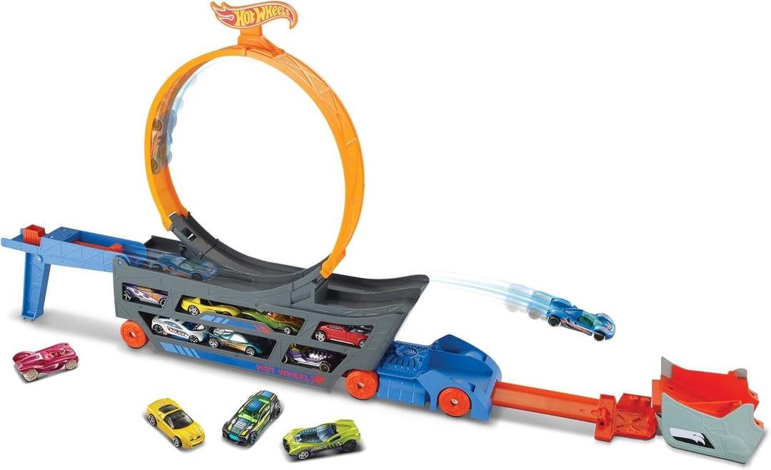Hot Wheels Transporter Truck Mobile Playset Large Loop Collapsible Launcher Room for 18 Die-Cast 1:16 Vehicles Ages 3 and Up (Multicolor)