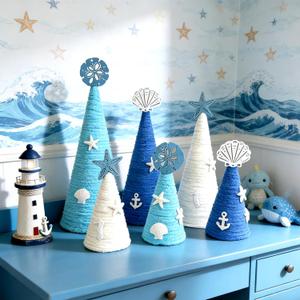6 Pcs 12" 10" 6" Coastal Cone Tree Decoration with 3D Starfish Seashells Mini Table Trees Centerpieces Farmhouse Tiered Tray Ornament for Mantle Shelf Tabletop Sea Ocean Beach Wedding Beach Party