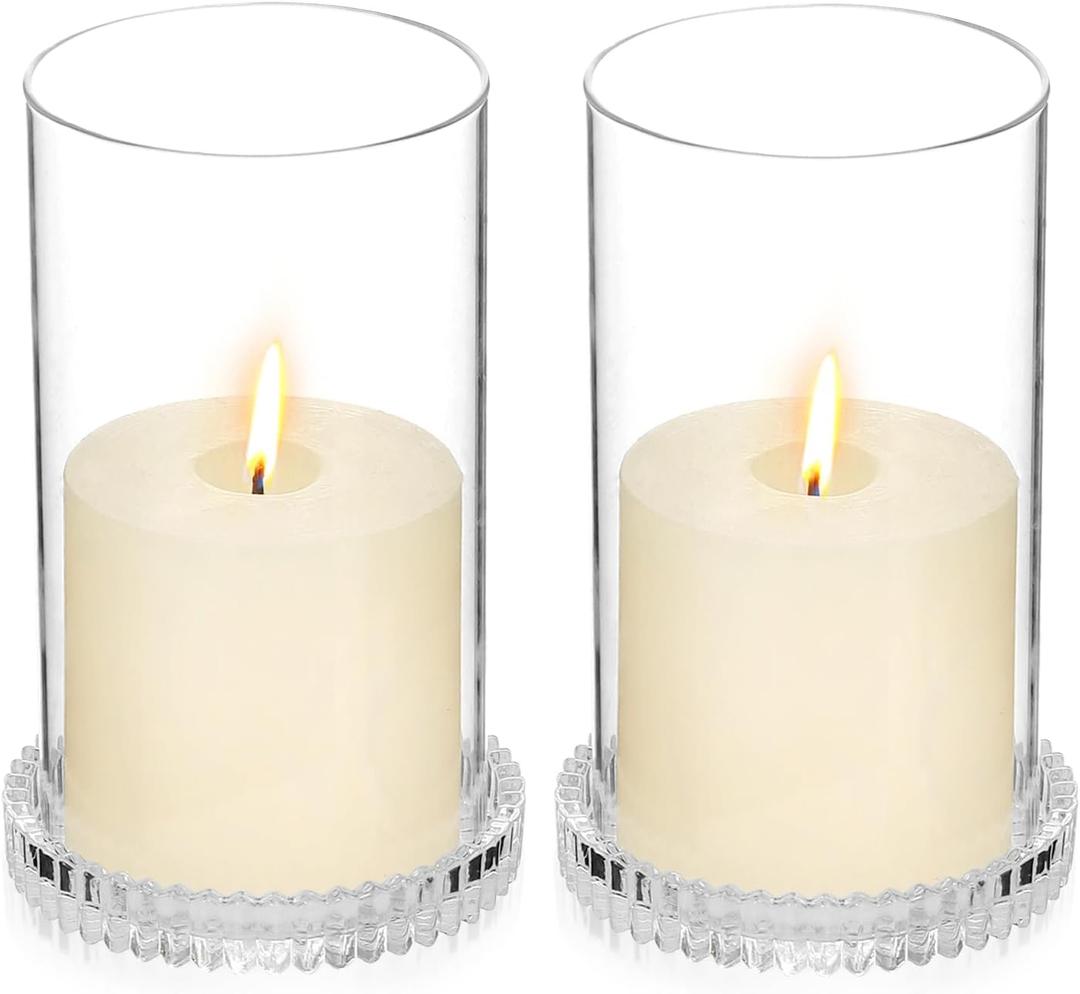 Hurricane Glass Candle Holders Set of 2, Serrated Round Candle Stand for Pillar Candles Modern CandleHolders Cylinder Chimney Cover for Outdoor Wedding Decor Parties & Table Centerpieces