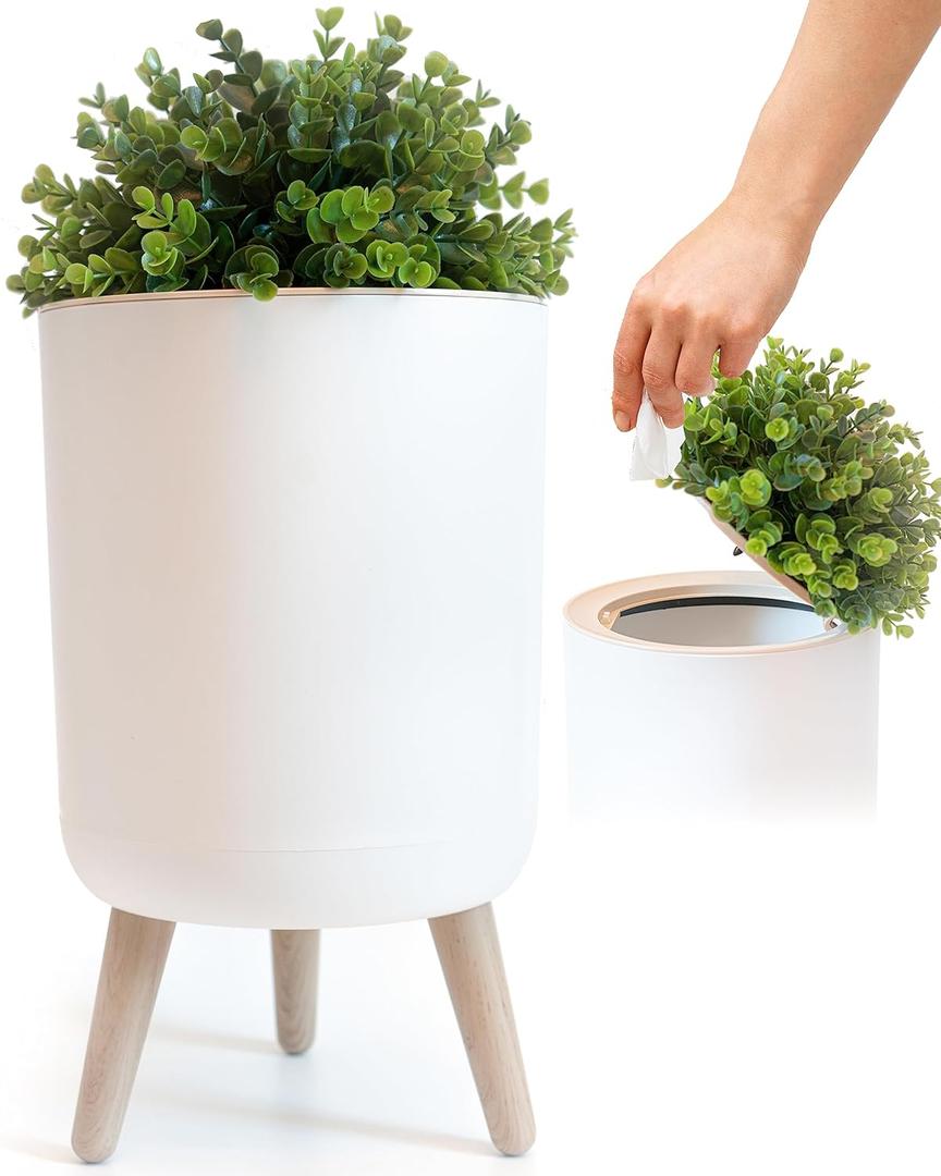 Earth & Mango Small Bathroom Trash Can with Lid, Small Bathroom Garbage Can with Plant Style Lid, 1.8 Gallon, White, Perfect for Bedroom, Office, and Bathrooms, Trash Bin That Looks Like a Plant