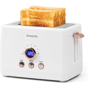 2 Slice Toaster, Retro Bread Toaster with LED Display, Extra Wide Slots Toasters with 6 Bread Shade Settings, Bagel, Cancel, Defrost Function, Stainless Steel with High Lift Lever, Removal Crumb Tray (Elegant White with Rose Gold)