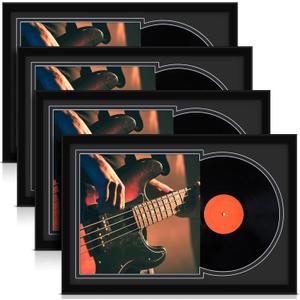Colingmill 4 Pcs Vinyl Record Display Frame 16x22 Inches Double Groove Record Album Frame and 12.512.5 Inch Album Cover Art for Wall Mounting Home Decor (Black Matting), 23.6 x 15.6 inches