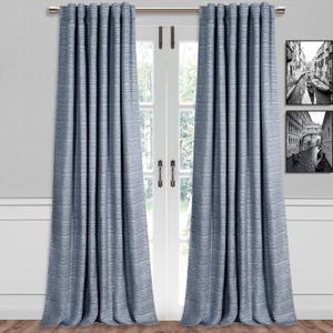 SUN+BLK Swenson Lined Theatre Grade Textured Jacquard Total Blackout Rod Pocket with Back Tabs Single Curtain Panel, Navy, 52 x 63 In