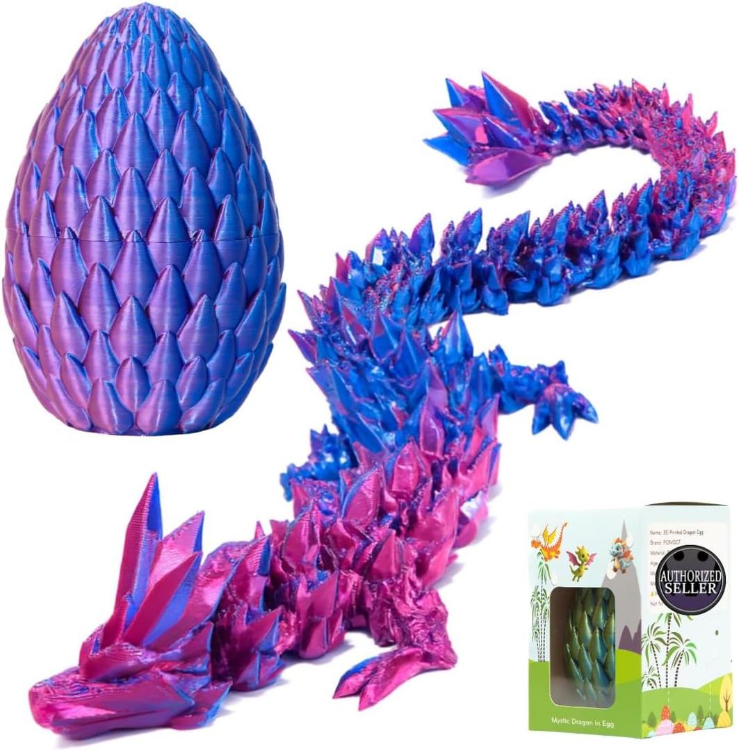 ELORION 12 3D Printed Articulated Fidget Figure in 5 Dragon Egg, Prefilled Egg with Dragon Inside, Easter Basket Stuffer Gift (Purple)