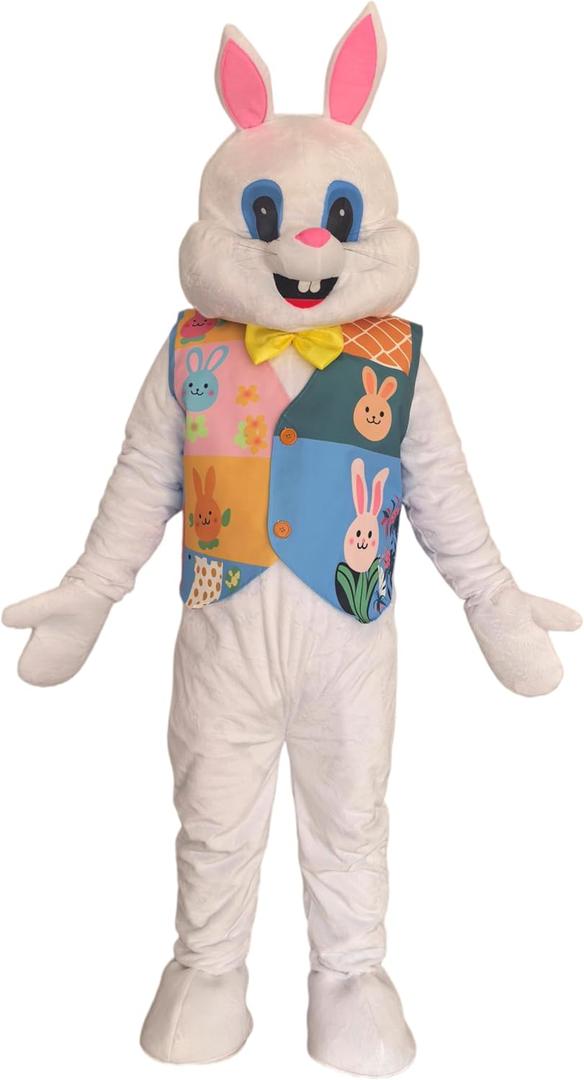 Easter Bunny Mascot Costume with Colorful Patchwork Vest, Yellow Bow Tie, Pink Ears, Adult Size Full Body Character Suit