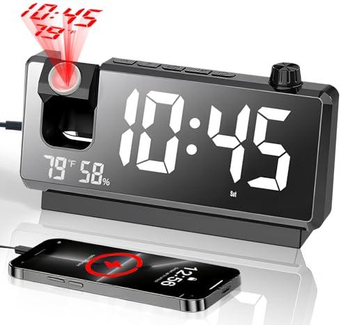 Projection Alarm Clocks for Bedrooms - 2025 New Alarm Clock with 180° Rotatable - Digital Clock with Clear LED Display, Loud Dual Alarm Clock for Heavy Sleepers, Kids Elderly, Snooze, USB Charger