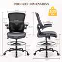 Drafting Chair, Tall Office Chair with PU Leather Seat, Ergonomic Standing Desk Chair with Lumbar Support Counter Height Office Chair with Adjustable Footrest Ring Flip-up Armrests
