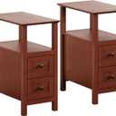 ChooChoo End Tables Living Room Set of 2, 3-Tier Narrow Nightstand with with 2 Drawers, Slim Bedside Tables for Living Room, Bedroom, Small Space, Cherry Brown