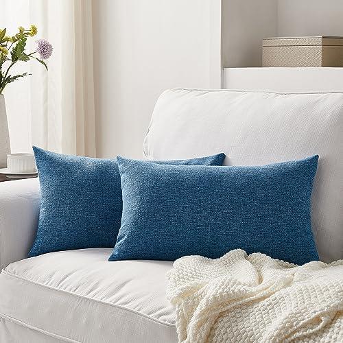 Meekio Set of 2 Blue Pillow Covers 12 x 20 Inch Farmhouse Boho Decorative Throw Pillow Covers Linen Cushion Covers for Sofa Couch Décor