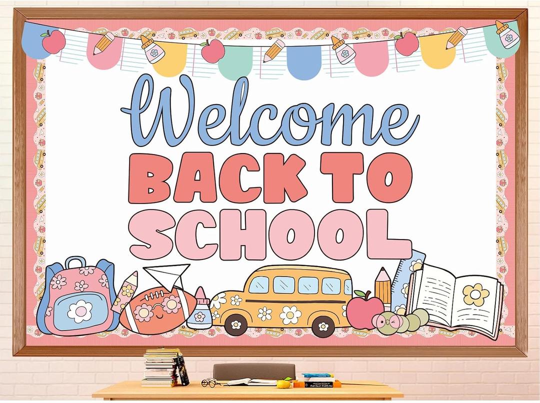 Tenceur Pastel Welcome Back to School Bulletin Board Decor, Schoolbus Theme | Back to School Board Set Classroom Decoration, Bus Stationery Paper Cutouts, for Classroom Chalkboard Wall Door Decor, about 3.28 x 4.92 ft/ 100 x 150 cm