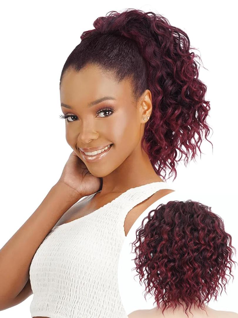 Isaic Ponytail Extension 8 Inch Short Wavy Curly Ponytails Drawstring Ponytail for Black Women Ombre Burgundy Pony Tails Hair Extensions Synthetic Hairpiece for Daily Use