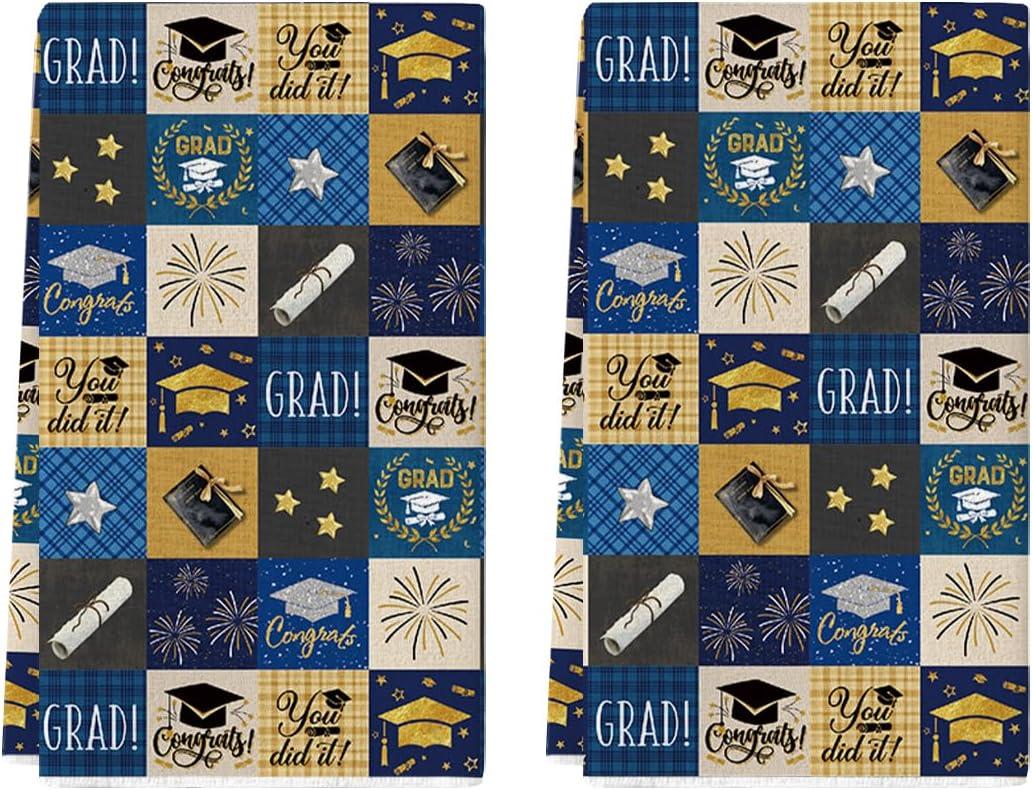 Artoid Mode Checkered Designed Grad Cap Diploma Graduation Kitchen Towels Dish Towels, 18x26 Inch Farmhouse Summer Decoration Cleaning Set of 2