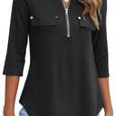 Halife Women's 3/4 Length Sleeve V Neck Flowy Tunic Blouses Work Tops Shirts with Zippers XXL