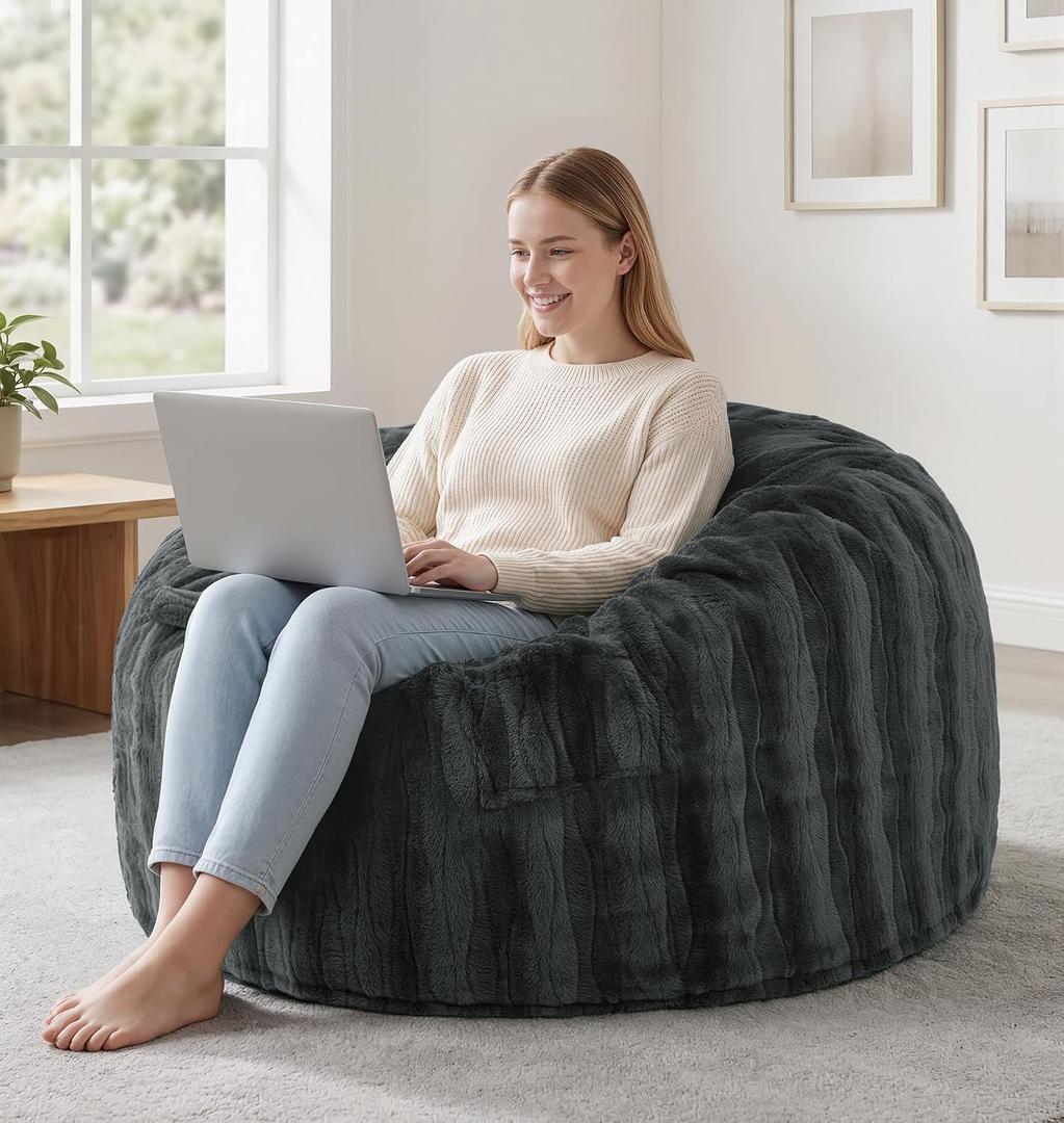 fond + found 3FT Bean Bag Chairs Giant Bean Bag Chair Cover with Wave Pattern Fur Washable Bean Bag Chairs for Adults Filled with Memory Foam for Bedroom Living Room (Grey, 3FT- 36" x 36" x 22"), Small