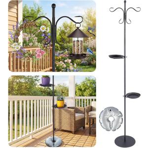 1 Set Upgraded 75.9" Shepherds Hook for Bird Feeder, Hanging Plant Wind Chime Stand, Metal Adjustable Standing Pole Holder for Indoor Outdoor, with 2 Rack & Weight Bag (2 Hooks)