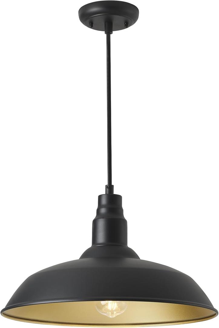 Farmhouse Pendant Light with 16 Inch Dome for Outdoor and Indoor Use, Barn Style Hanging Light for Kitchen Dining Room, Adjustable Height, Matte Black Exterior/Brass Interior
