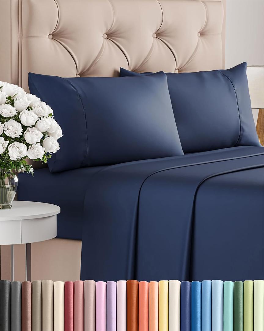 Twin XL 4 Piece Sheet Set - Comfy Breathable & Cooling - Ultra-Soft Hotel Luxury Bedding Set w/ 8-16 Inch Deep Pockets - 1 Flat & 1 Fitted Sheet & 2 Pillowcases - Wrinkle Free & Easy Care - Navy Blue