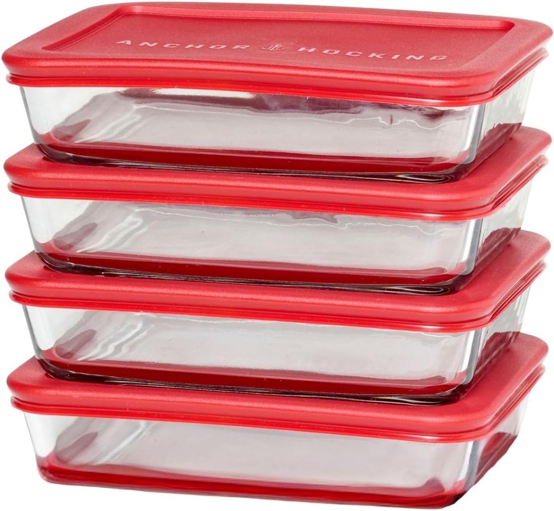 Anchor Hocking SnugFitTM Rectangular Food Storage Containers with Lids (4-Piece, 3-cup, Red, oven-safe)