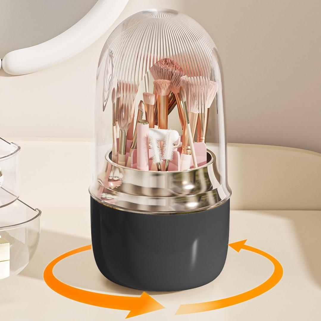 Makeup Brush Holder 360 Rotating, [Upgrade & with Cover] Makeup Brush Organizer for Vanity Countertop Bathroom (Black)