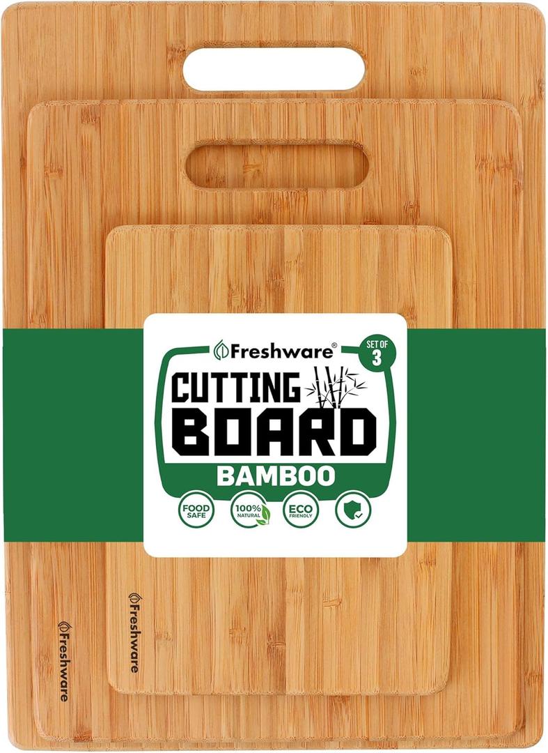 Freshware Bamboo Cutting Board Set of 3, Wooden Cutting Boards for Kitchen, Knife Friendly Food Grade Chopping Board, Lightweight with Hanging Hole for Easy Storage