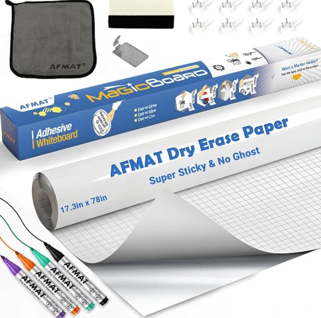 AFMAT WS01 White Board Sticker, Dry Eraser Paper for Wall, Upgrade PET-No Ghost, 1.45 x 11 ft, Stain-Proof Peel and Stick Film Self Adhesive Wall Paper Roll for Classroom/Office, 4 Dry Erase Markers