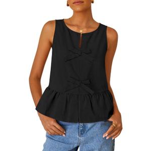 ZESICA Women's Summer Sleeveless Peplum Tank Tops 2026 Tie Front Crewneck Loose Flowy Ruffle Babydoll Going Out Shirts Black Small