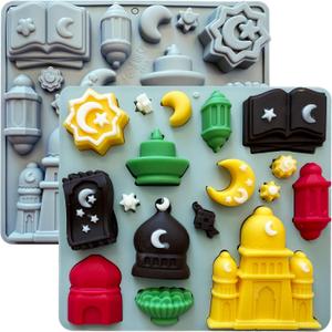 2Pcs Eid Mubarak Silicone Mold, Ramadan Chocolate Molds with Mosque Moon Star Quran Designs Eid al-Fitr Candy Mold Islamic Silicone Mold for DIY Baking Cupcake Toppers Jello Dessert Soap Resin Crafts