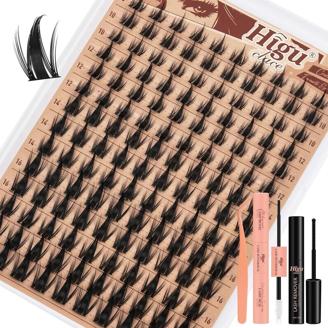Higu clace Manga-Lash-Clusters Kit 10-18mm,Natural Lash Cluster D curl,Lash Clusters Kit with Bond and Seal Remover and Tweezers, DIY Lash Extension at Home(140pcs-Manga-set)
