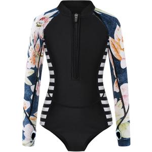 Girls Long Sleeve One-Piece Swimsuit: Rash Guard UV UPF 50+ Sun Protection Surfing Bathing Suit 9 10 11 Years