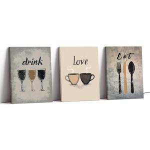 Set of 3 Kitchen Wall Art Love Eat Drink Picture Wall Decor Framed Fork Knife Coffee Wine Canvas Prints Vintage Artwork Dining Room Restaurant Bar Ready to Hang - 11"x14"x3P