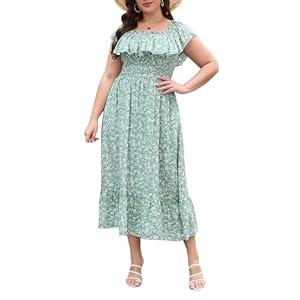 Keluummi Plus Size Summer Maxi Dresses for Curvy Women, Casual Floral Off Shoulder Long Church Sundress with Empire Waist(24 Plus, Light Green Floral)