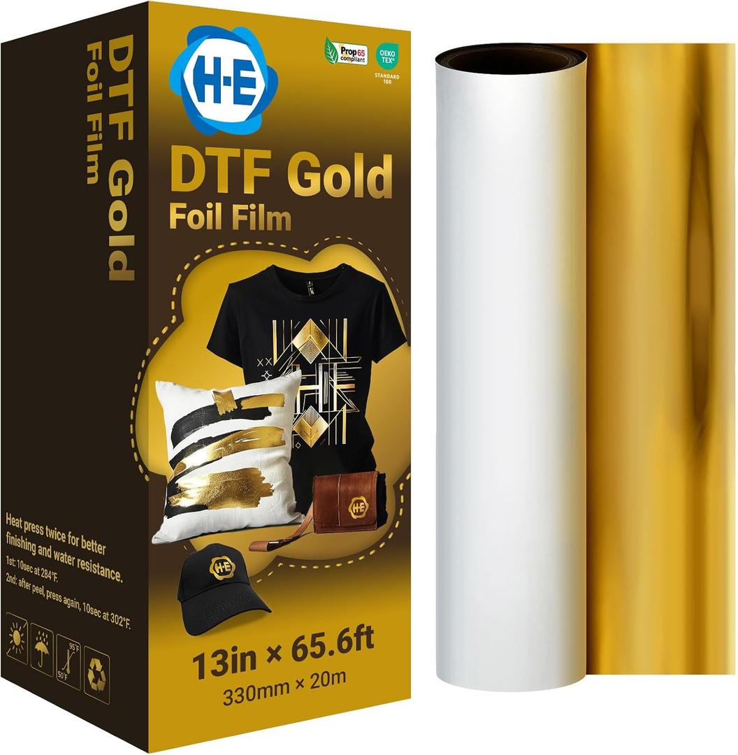 H-E DTF Foil Film 13in x 65.6ft Gold Foil DTF Transfer Film, Cold Peel Gold/Silver Foil DTF Transfer Film (G old)