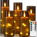 Homemory Flameless Candles with Star String Fairy Lights, Battery Operated Candles, LED Candle, Fake Candles with Remote Control and Timer, Modern Home Decor, Grey, Set of 5 (5pcs, D2.2"x H5"5"6"7"8")